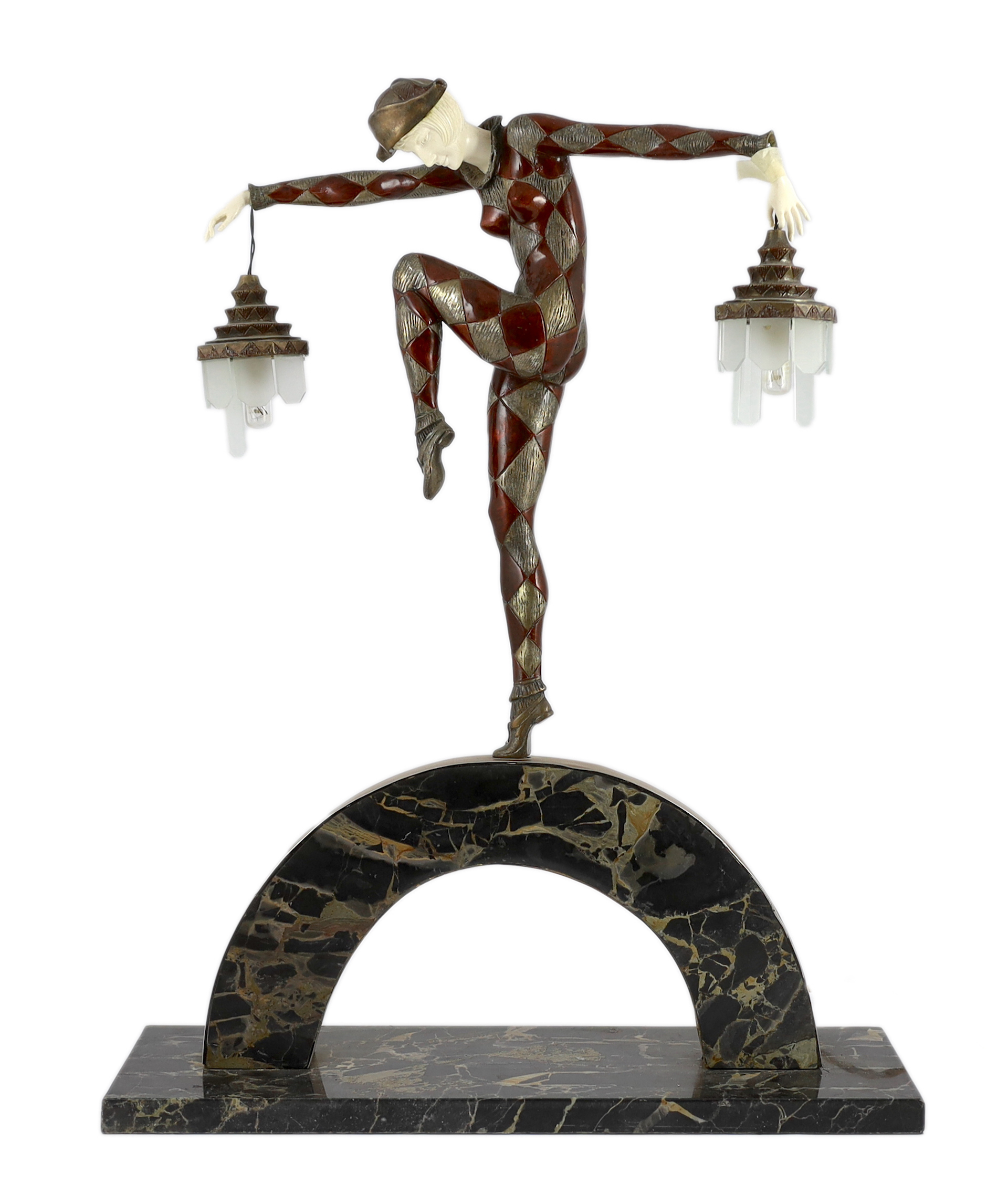 After Marcel Andre Bouraine (French, 1886 -1948). A French Art Deco bronze and ivory figural lamp, 16cm wide, 15cm deep, 59cm high. Ivory submission reference: BSYWG376